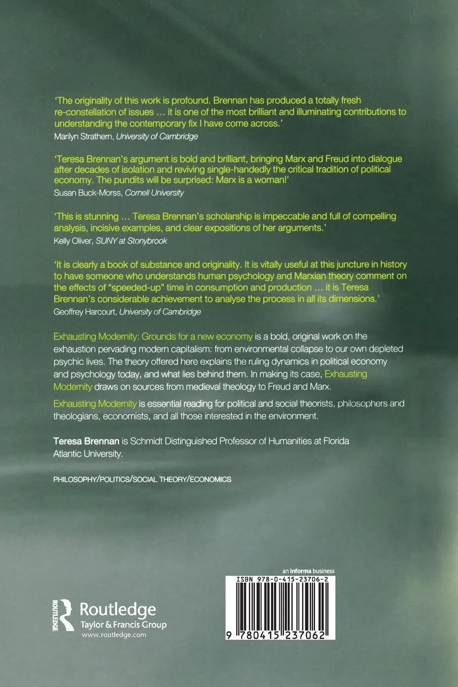 Rückseite: 9780415237062 | Exhausting Modernity | Grounds for a New Economy | Teresa Brennan