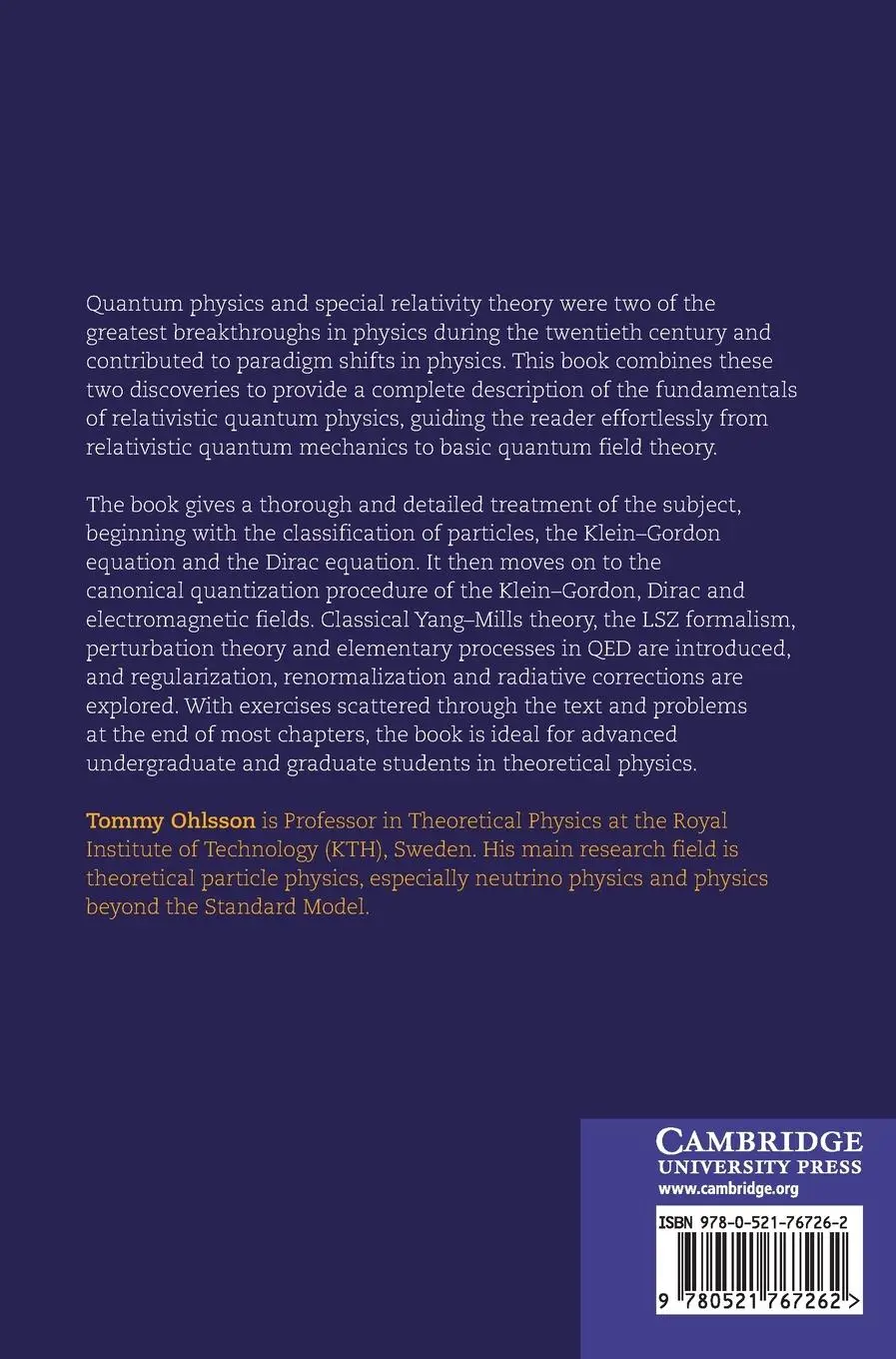 Rückseite: 9780521767262 | Relativistic Quantum Physics | Tommy Ohlsson | Buch | Englisch | 2011