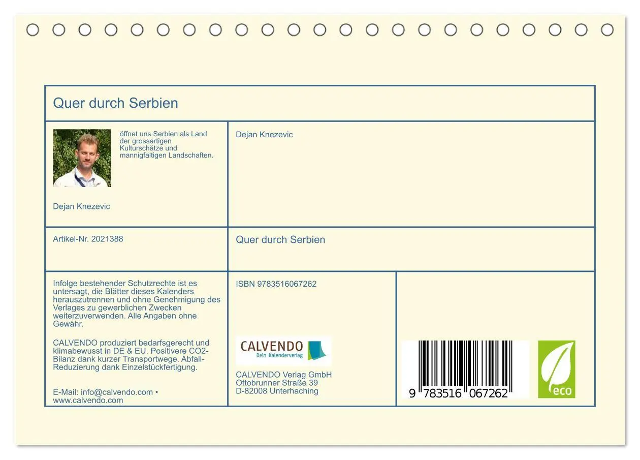 Bild: 9783516067262 | Quer durch Serbien (Tischkalender 2026 DIN A5 quer), CALVENDO...