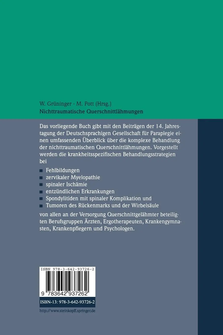 Rückseite: 9783642937262 | Nichttraumatische Querschnittlähmungen | Michael Pott (u. a.) | Buch