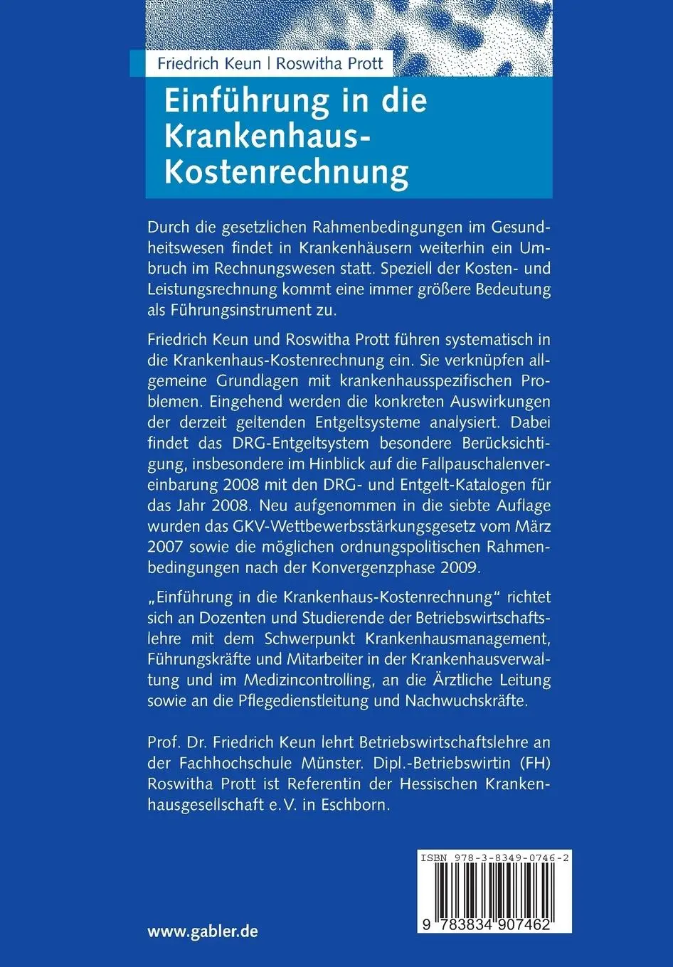 Rückseite: 9783834907462 | Einführung in die Krankenhaus-Kostenrechnung | Roswitha Prott (u. a.)