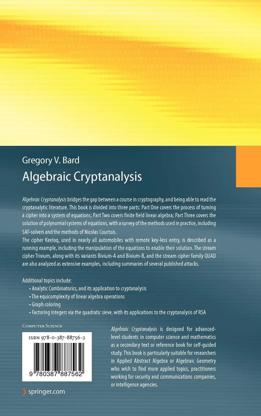 Rückseite: 9780387887562 | Algebraic Cryptanalysis | Gregory Bard | Buch | xxxiii | Englisch
