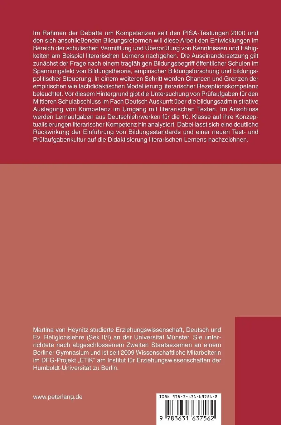 Rückseite: 9783631637562 | Bildung und literarische Kompetenz nach PISA | Martina Von Heynitz