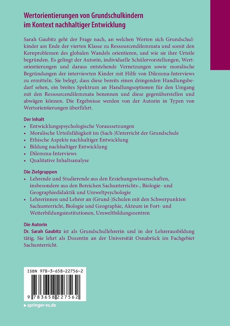 Rückseite: 9783658227562 | Wertorientierungen von Grundschulkindern im Kontext nachhaltiger...