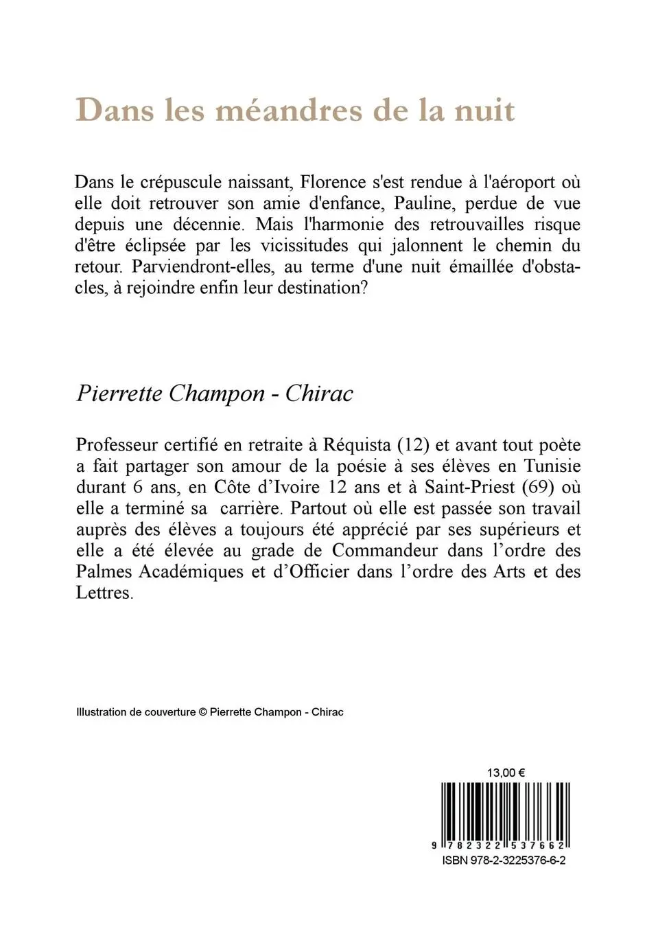 Rückseite: 9782322537662 | Dans les méandres de la nuit | Pierrette Champon - Chirac | Buch