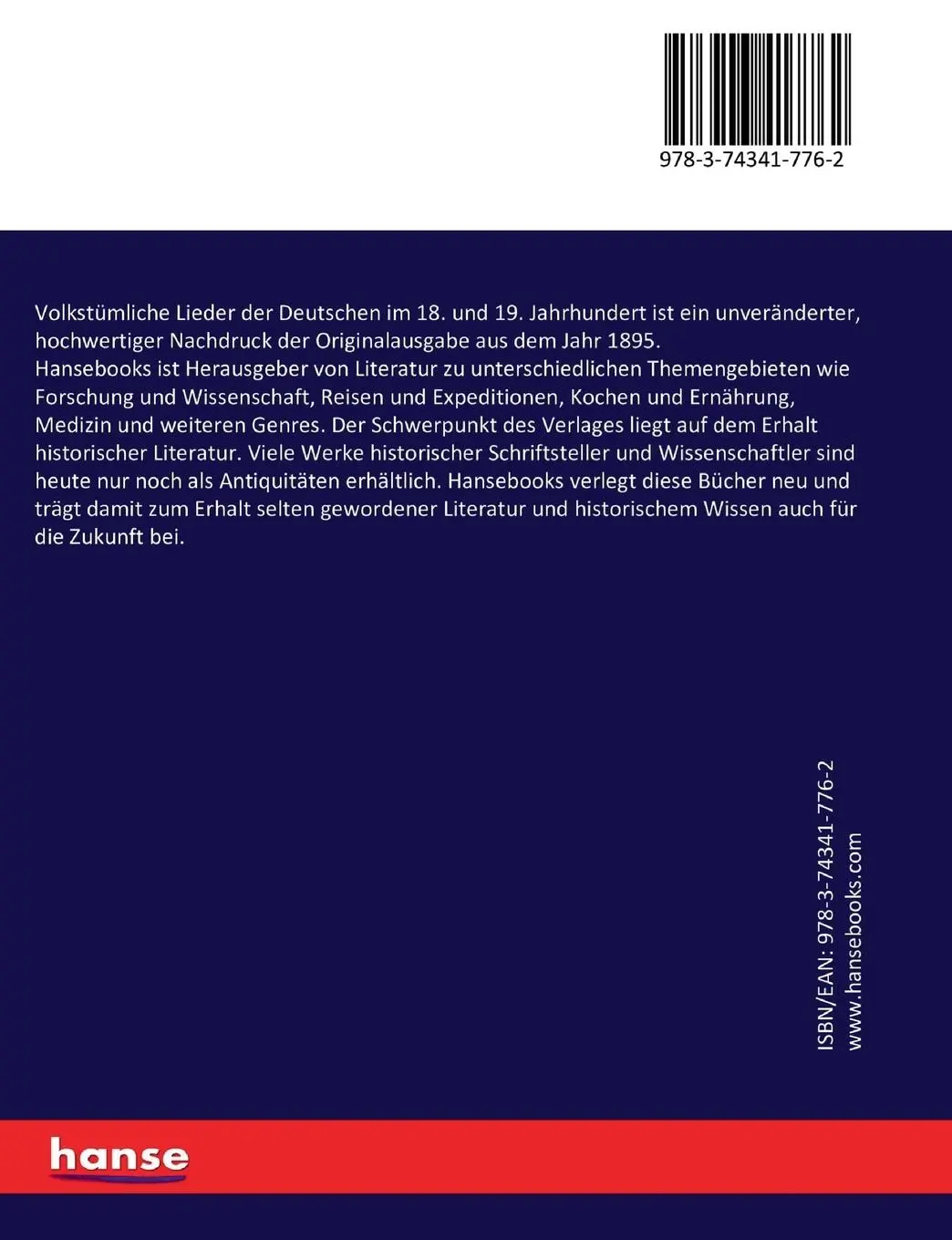 Rückseite: 9783743417762 | Volkstümliche Lieder der Deutschen im 18. und 19. Jahrhundert | Böhme
