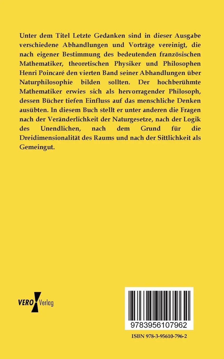 Rückseite: 9783956107962 | Letzte Gedanken von Henri Poincaré | Henri Poincaré | Taschenbuch