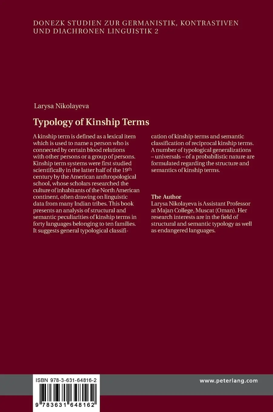 Rückseite: 9783631648162 | Typology of Kinship Terms | Larysa Nikolayeva | Buch | Gebunden | 2014