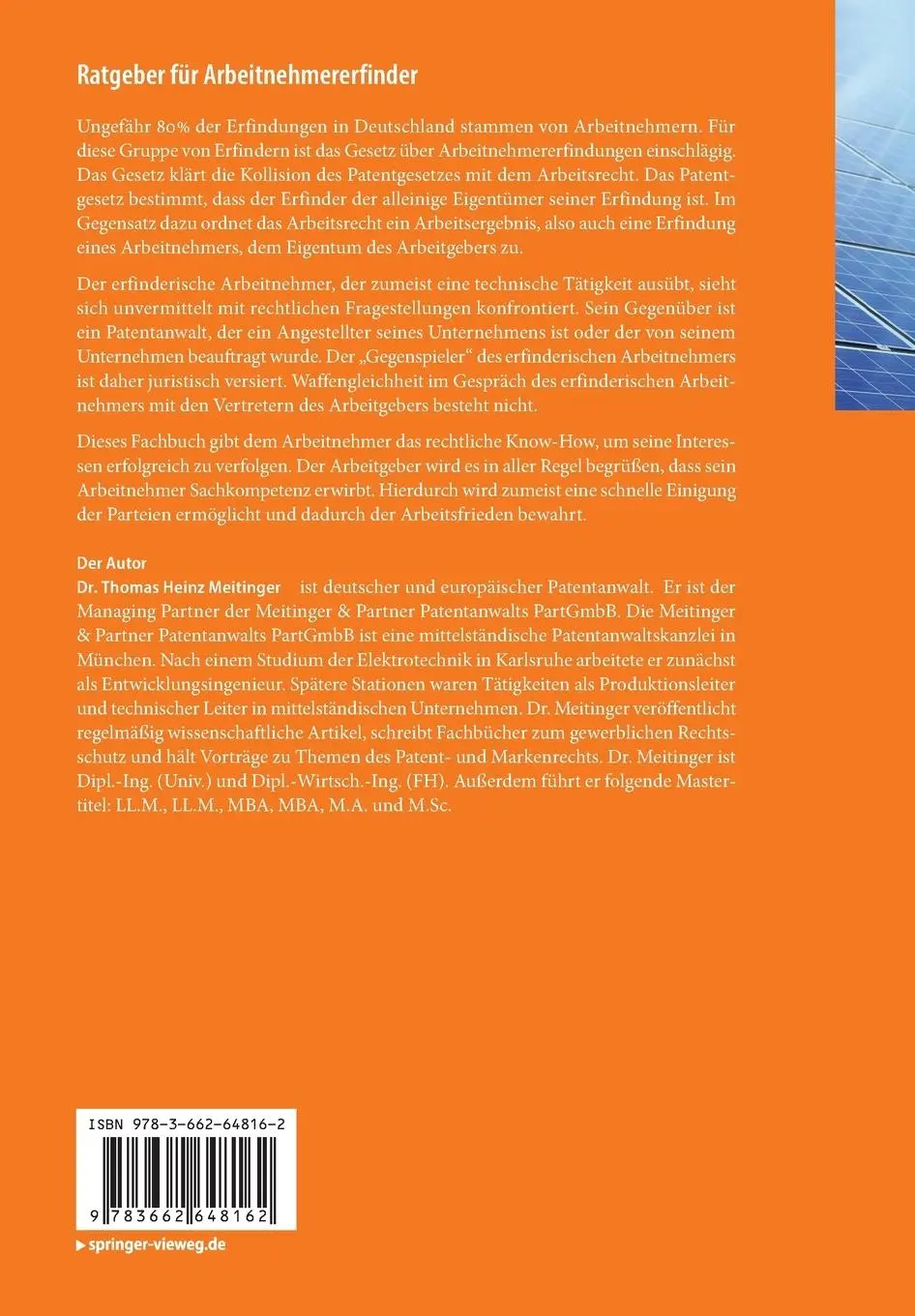 Rückseite: 9783662648162 | Ratgeber für Arbeitnehmererfinder | Thomas Heinz Meitinger | Buch