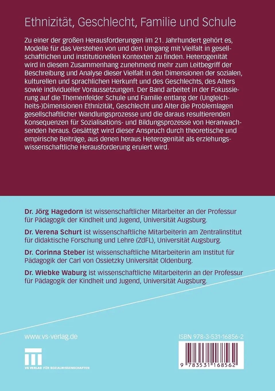 Rückseite: 9783531168562 | Ethnizität, Geschlecht, Familie und Schule | Jörg Hagedorn (u. a.)