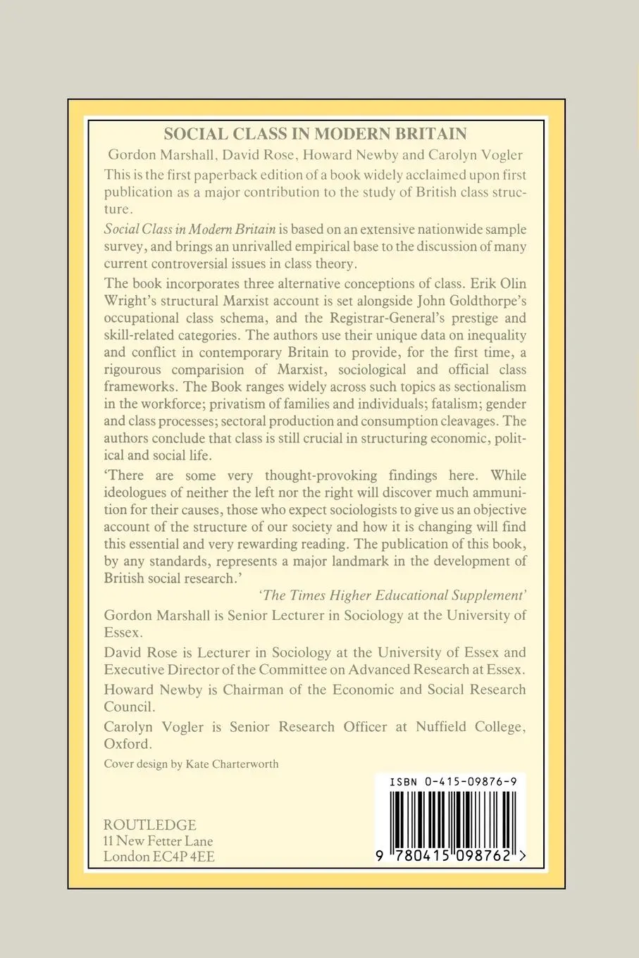 Rückseite: 9780415098762 | Social Class in Modern Britain | Gordon Marshall (u. a.) | Taschenbuch