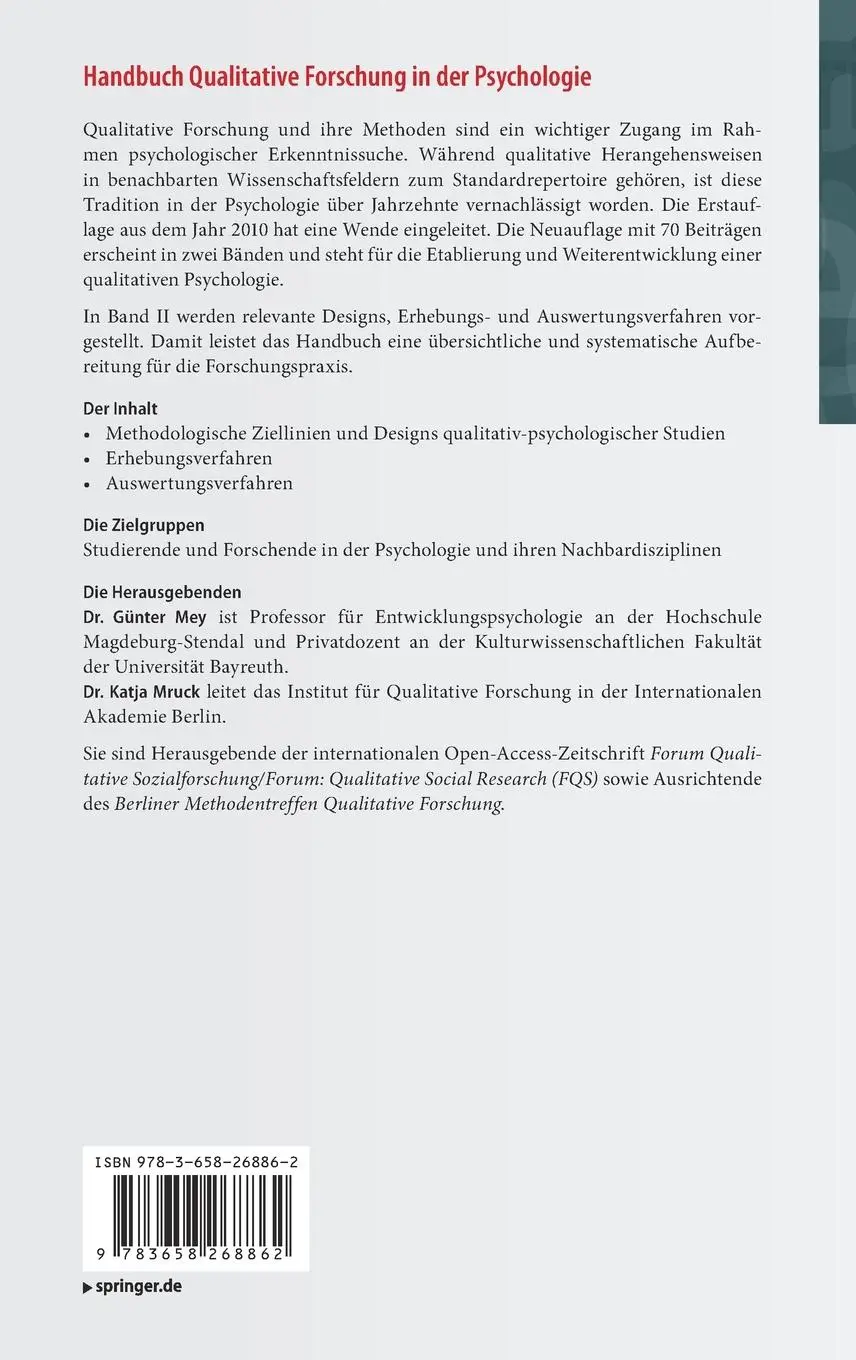 Rückseite: 9783658268862 | Handbuch Qualitative Forschung in der Psychologie | Mruck (u. a.) | XV