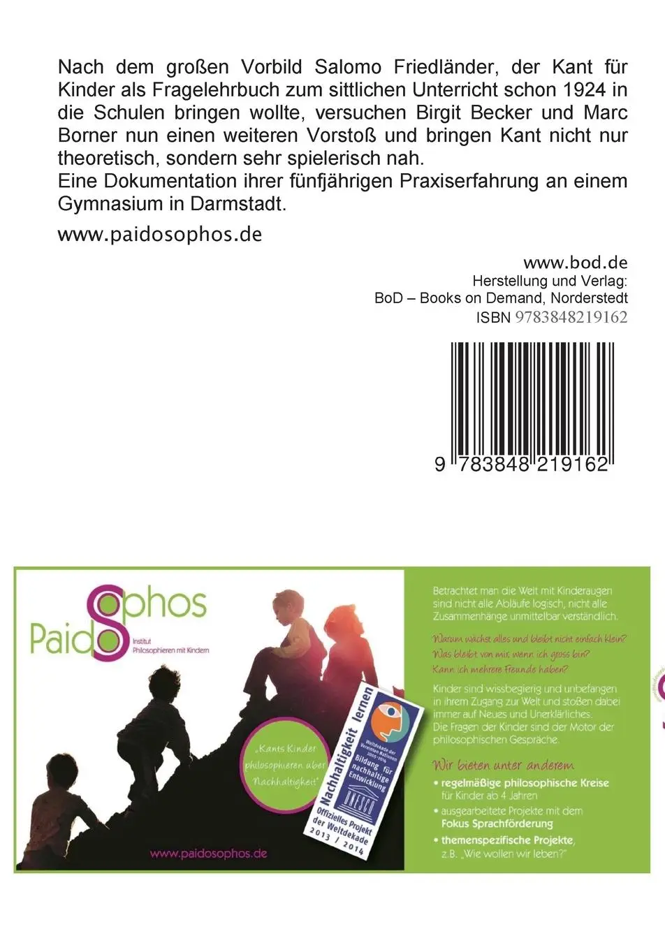 Rückseite: 9783848219162 | Kant für Kinder | Dokumentation einer fünfjährigen Praxiserfahrung