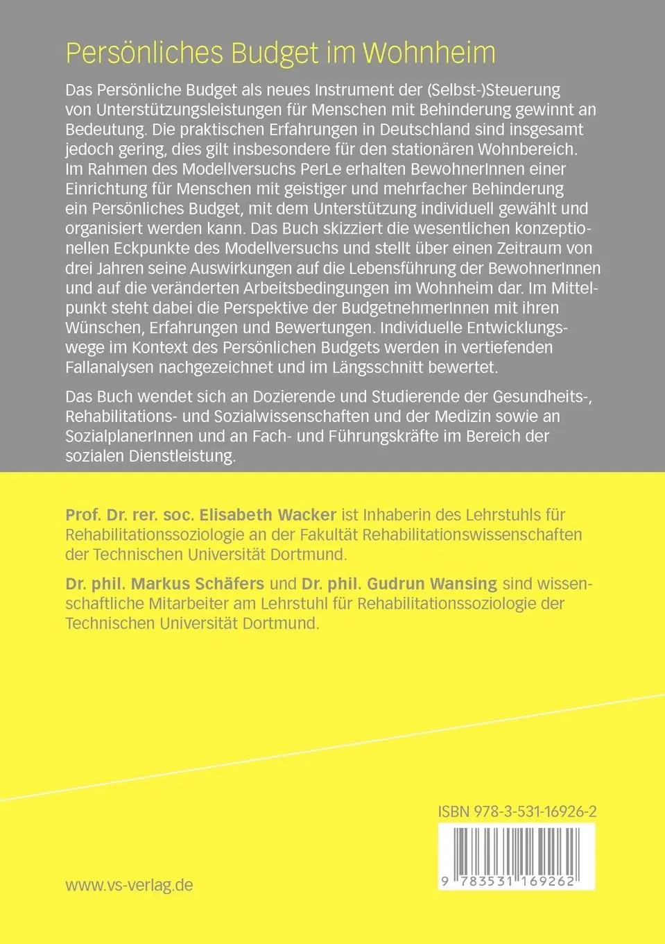Rückseite: 9783531169262 | Persönliches Budget im Wohnheim | Markus Schäfers (u. a.) | Buch