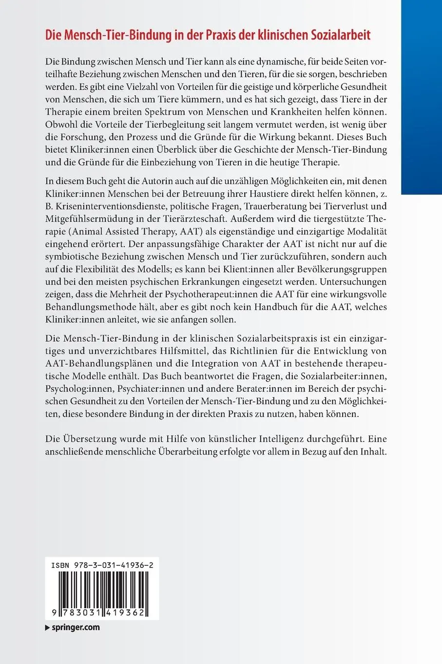 Rückseite: 9783031419362 | Die Mensch-Tier-Bindung in der Praxis der klinischen Sozialarbeit