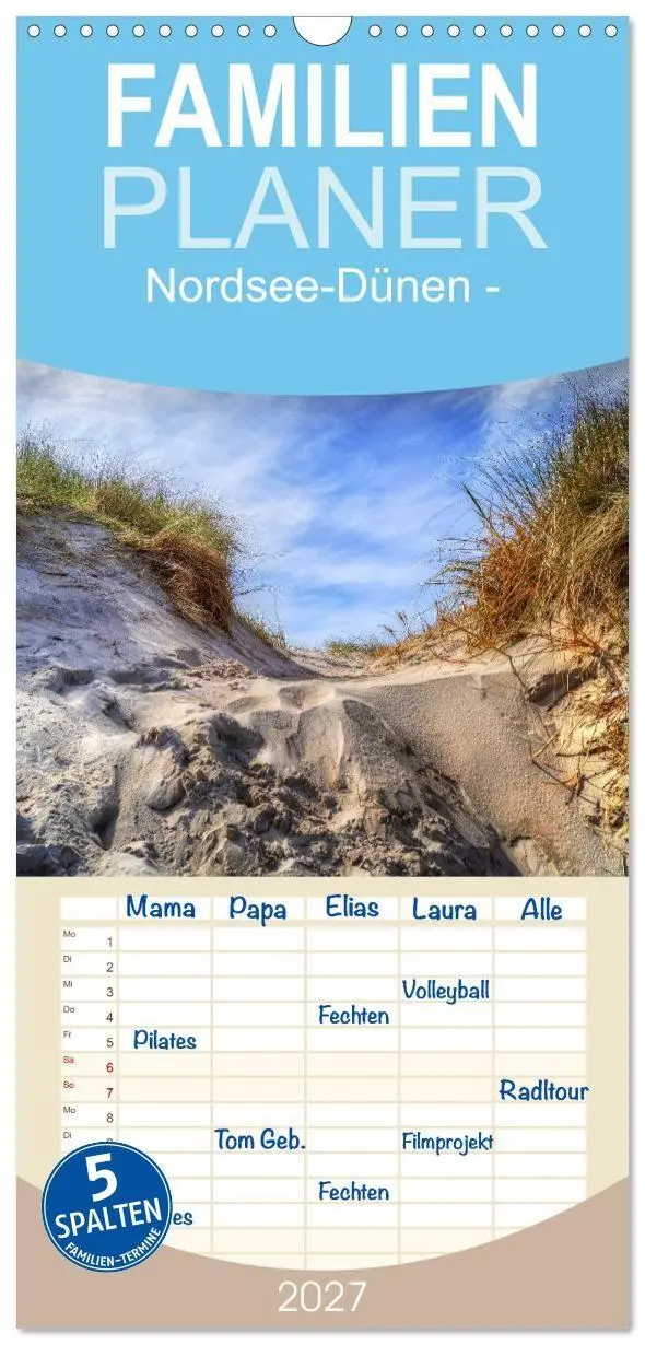 Cover: 9783594339862 | Familienplaner 2027 - Nordsee-Dünen mit 5 Spalten (Wandkalender, 21...