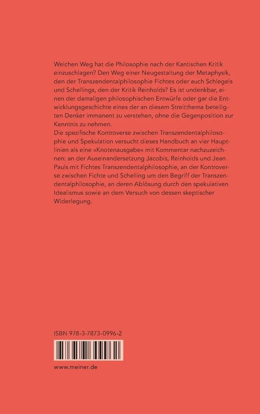Rückseite: 9783787309962 | Transzendentalphilosophie und Spekulation | Walter Jaeschke (u. a.)
