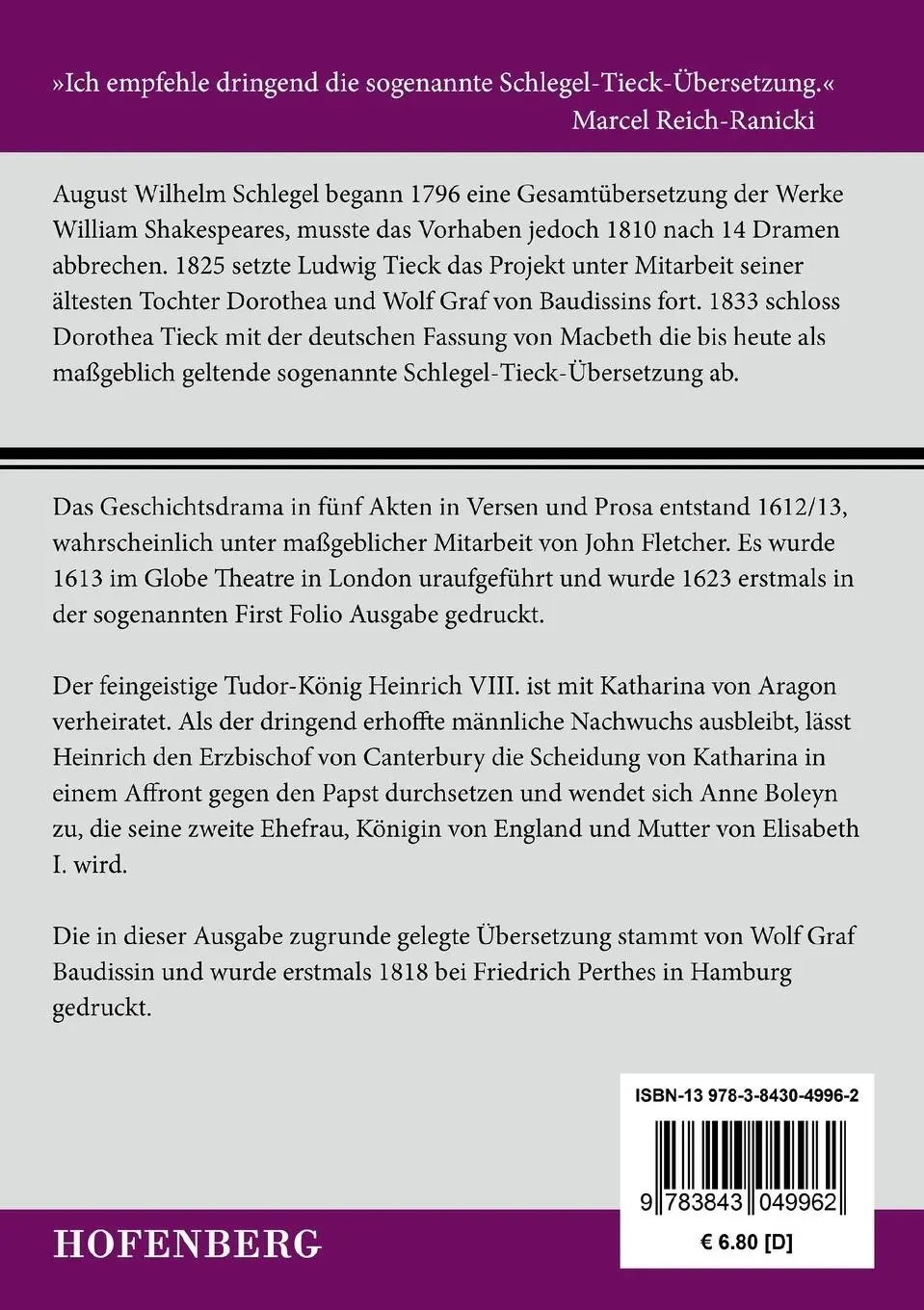 Rückseite: 9783843049962 | König Heinrich VIII. | William Shakespeare | Taschenbuch | 120 S.