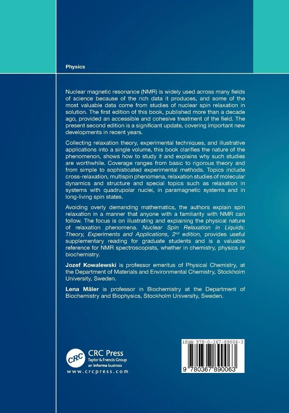 Rückseite: 9780367890063 | Nuclear Spin Relaxation in Liquids | Jozef Kowalewski (u. a.) | Buch