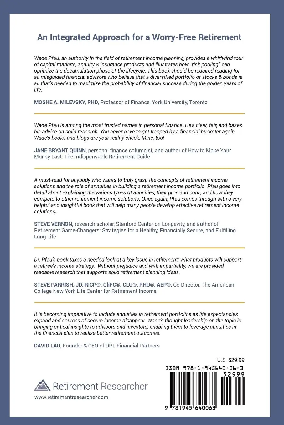 Rückseite: 9781945640063 | Safety-First Retirement Planning | Wade Donald Pfau | Taschenbuch