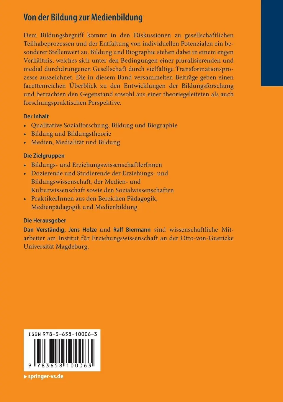 Rückseite: 9783658100063 | Von der Bildung zur Medienbildung | Dan Verständig (u. a.) | Buch | vi