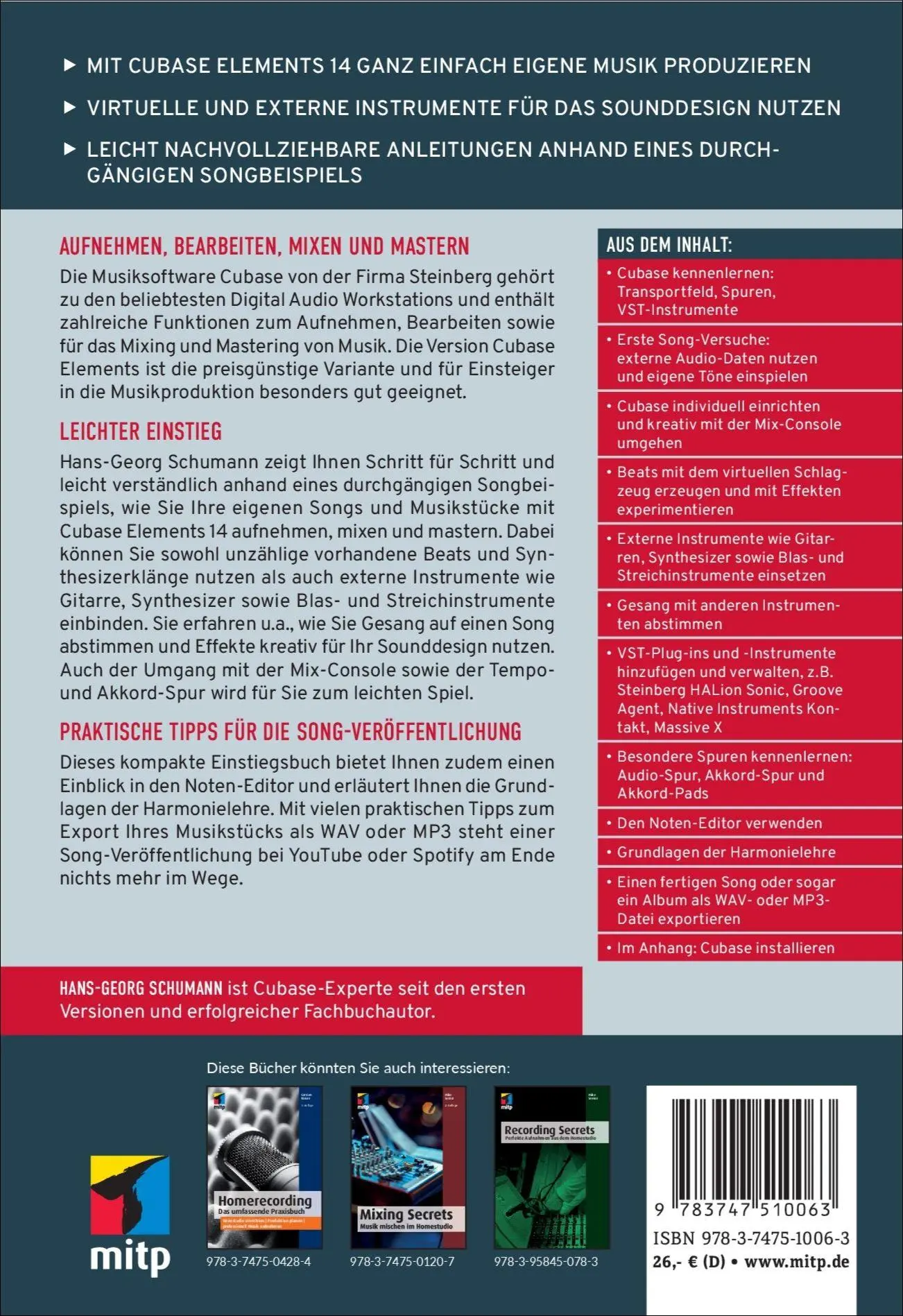 Rückseite: 9783747510063 | Cubase Elements | Hans-Georg Schumann | Taschenbuch | mitp Audio