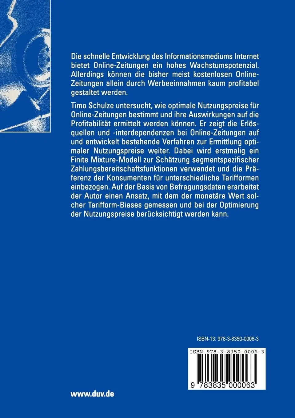 Rückseite: 9783835000063 | Optimale Nutzungspreise für Online-Zeitungen | Timo Schulze | Buch