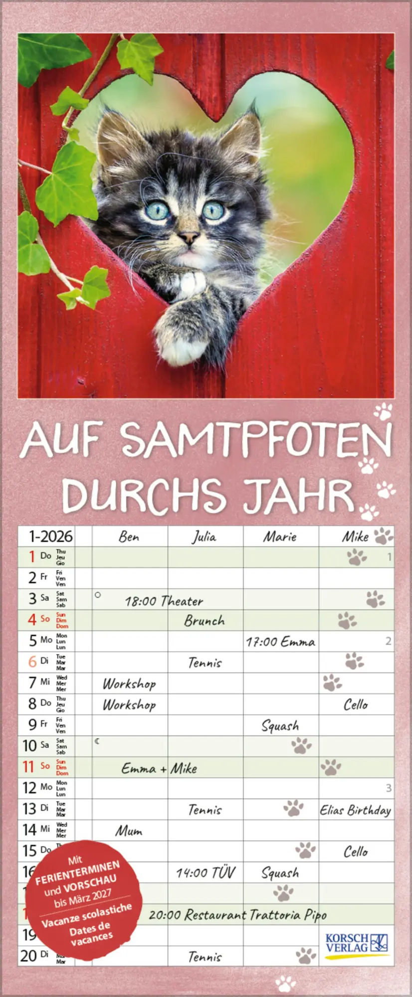 Cover: 9783731890263 | Auf Samtpfoten durch's Jahr 2026 | Verlag Korsch | Kalender | 14 S.