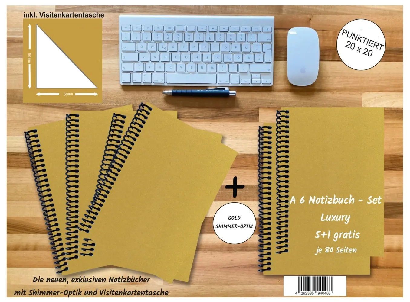 A 6 Notizbuch - Set, 4+2 gratis, Luxury 80 Seiten GOLD GMUND SHIMMER, punktiert 20x20mm