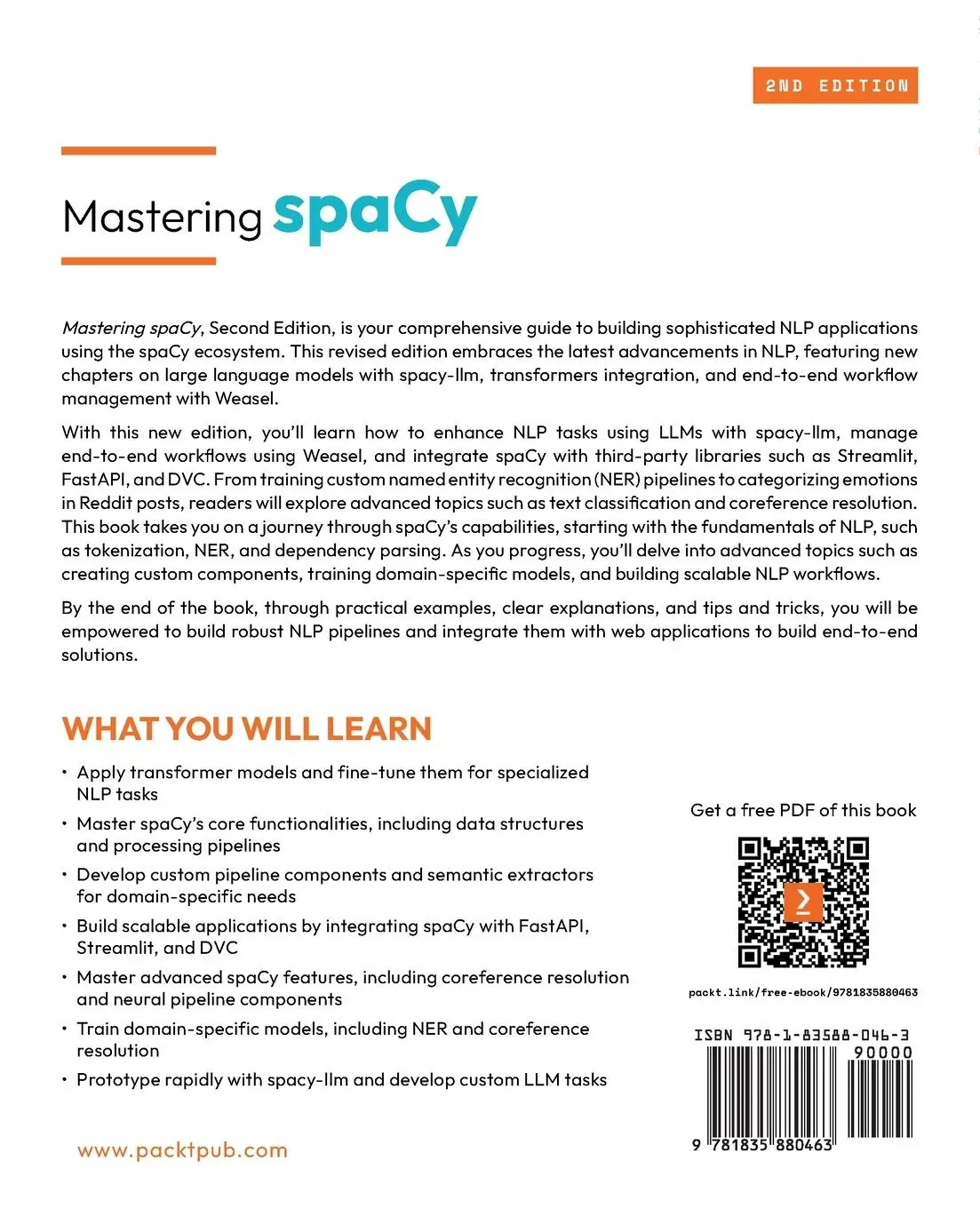 Rückseite: 9781835880463 | Mastering spaCy - Second Edition | Déborah Mesquita (u. a.) | Buch