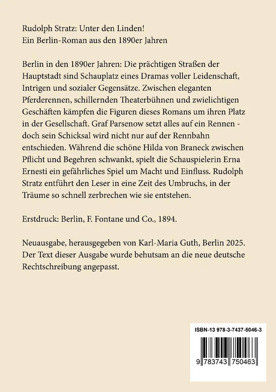 Rückseite: 9783743750463 | Unter den Linden! | Ein Berlin-Roman aus den 1890er Jahren | Stratz