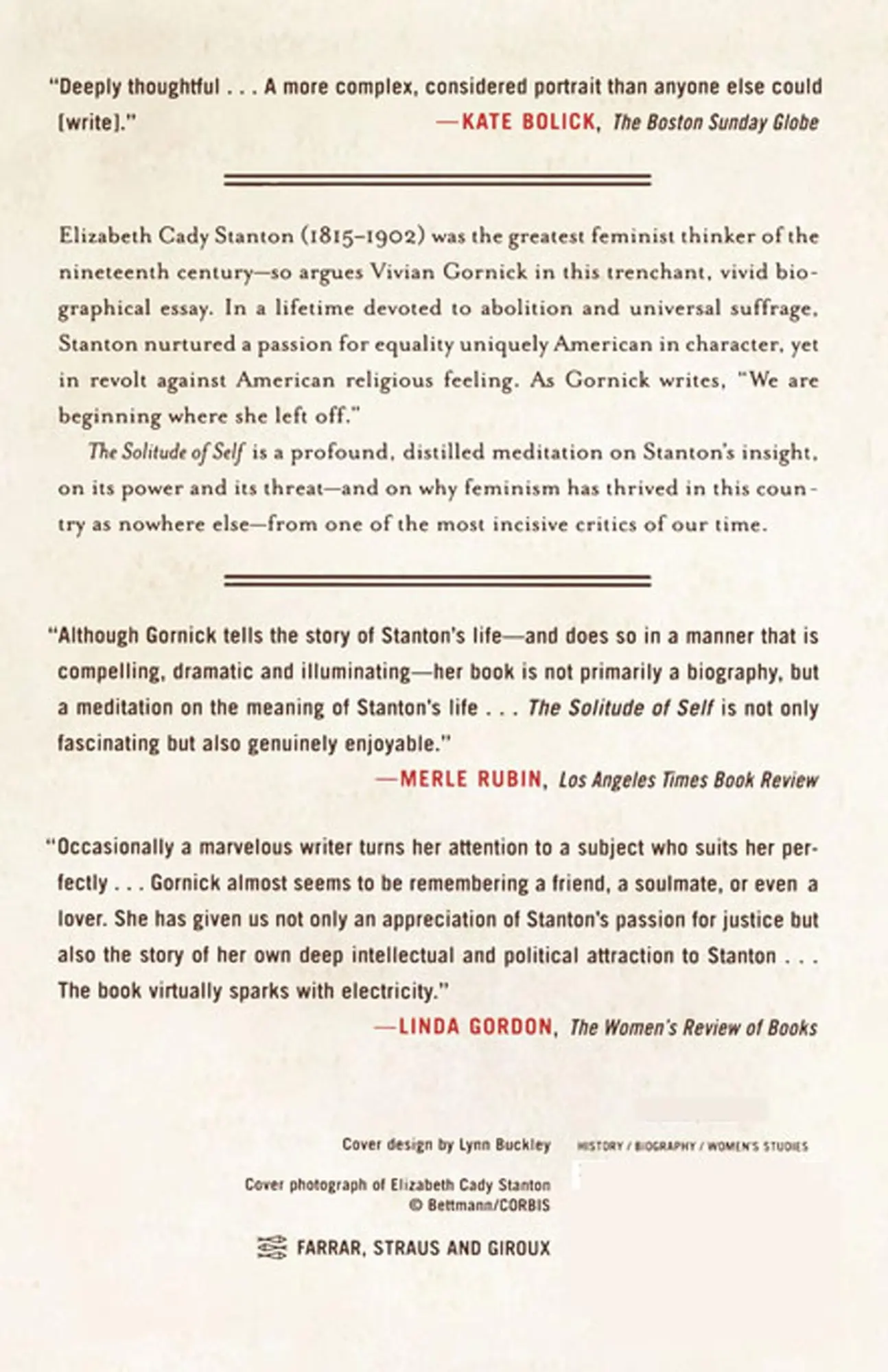 Rückseite: 9780374530563 | The Solitude of Self | Thinking about Elizabeth Cady Stanton | Gornick