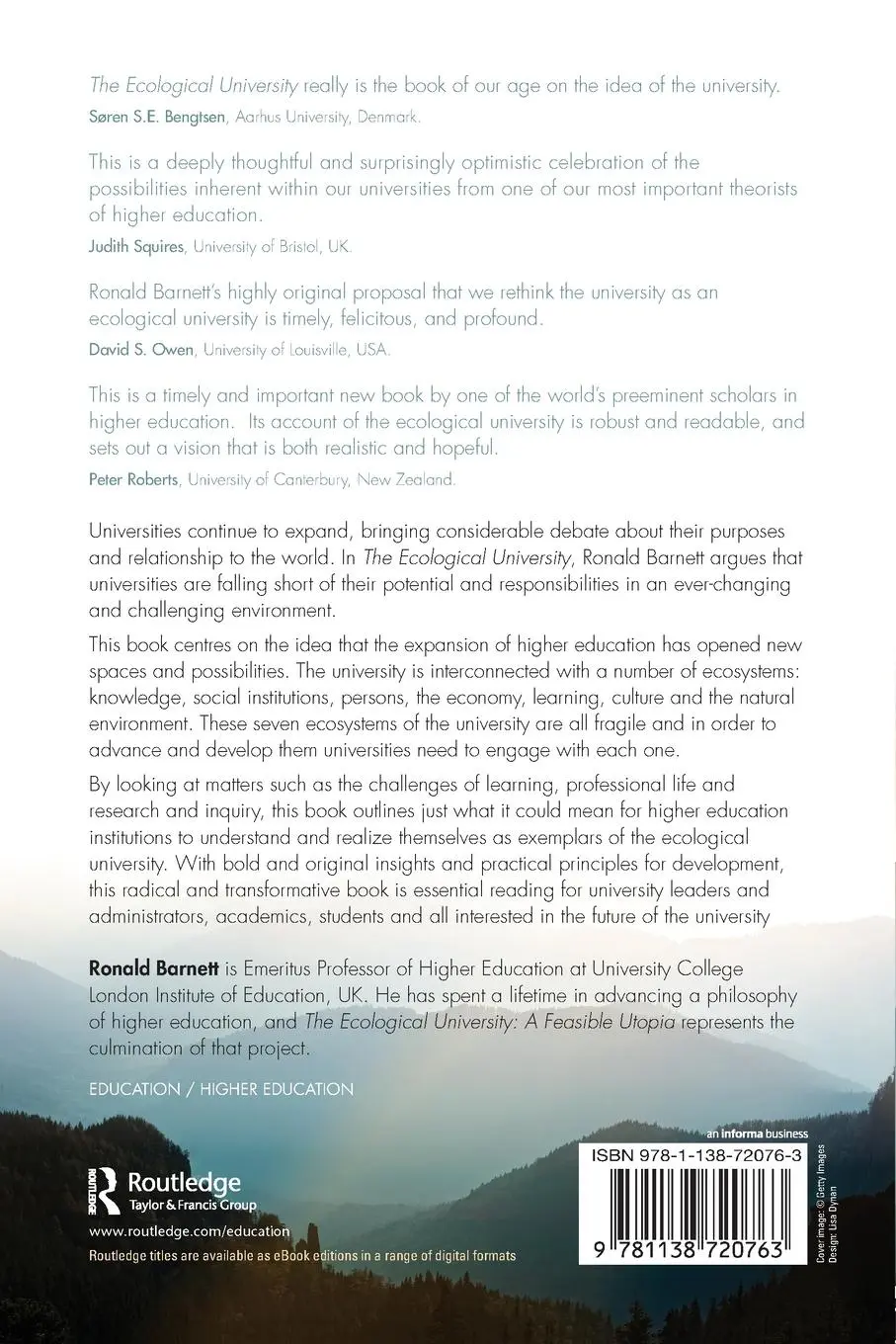 Rückseite: 9781138720763 | The Ecological University | A Feasible Utopia | Ronald Barnett | Buch