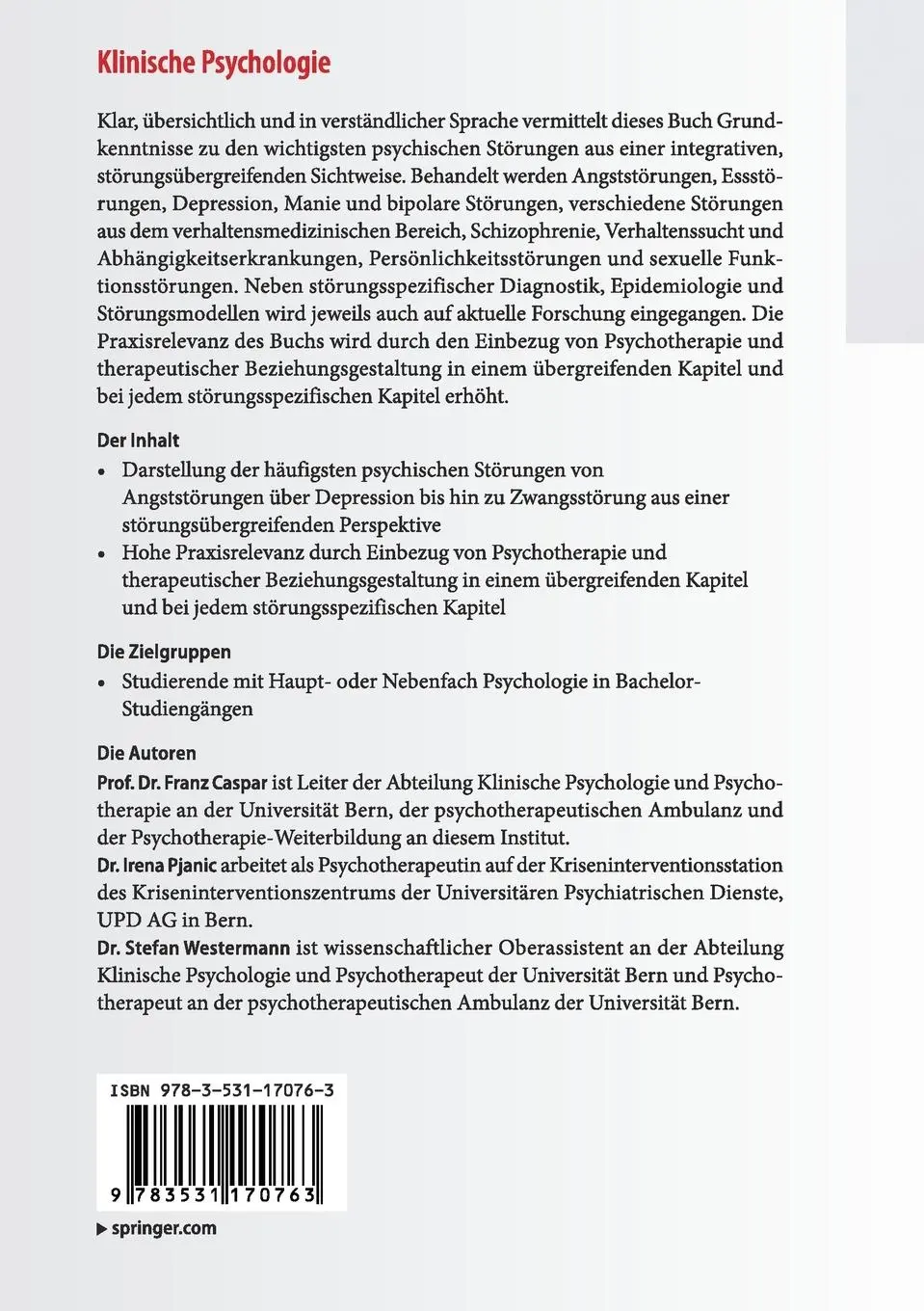 Rückseite: 9783531170763 | Klinische Psychologie | Franz Caspar (u. a.) | Taschenbuch | XI | 2017