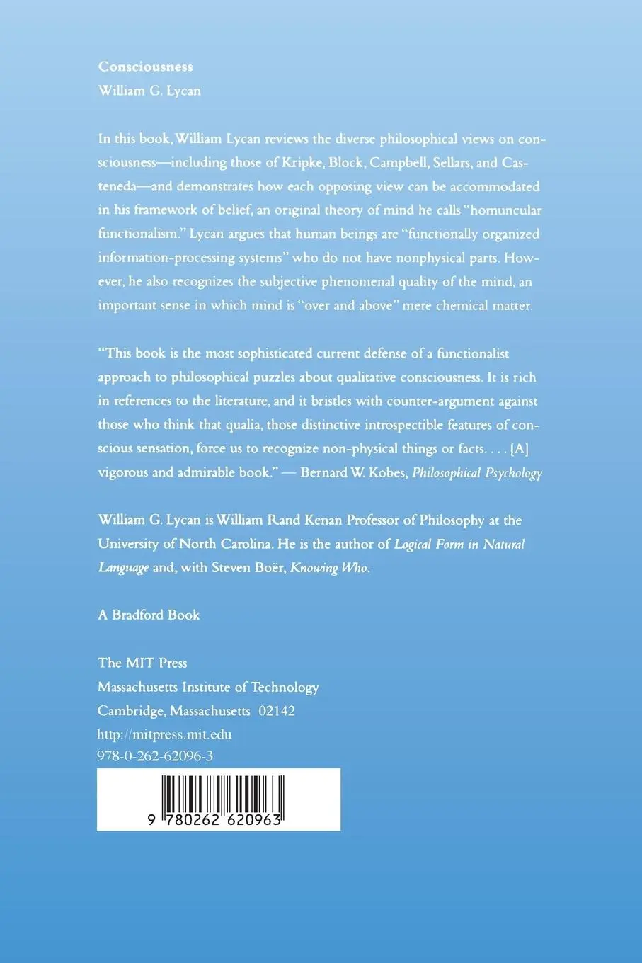 Rückseite: 9780262620963 | Consciousness | William G. Lycan | Taschenbuch | Englisch | 1995