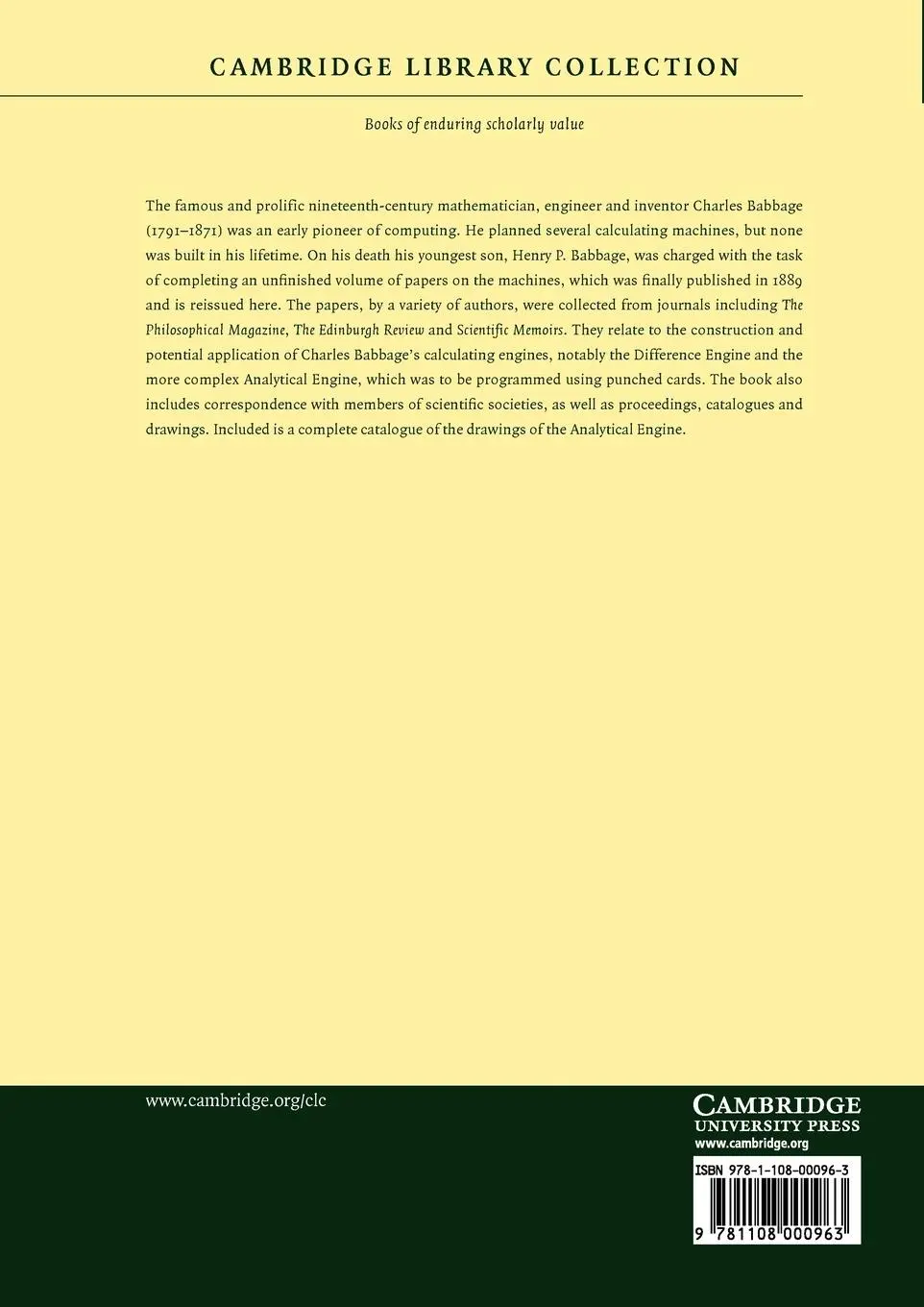 Rückseite: 9781108000963 | Babbage's Calculating Engines | Charles Babbage (u. a.) | Taschenbuch