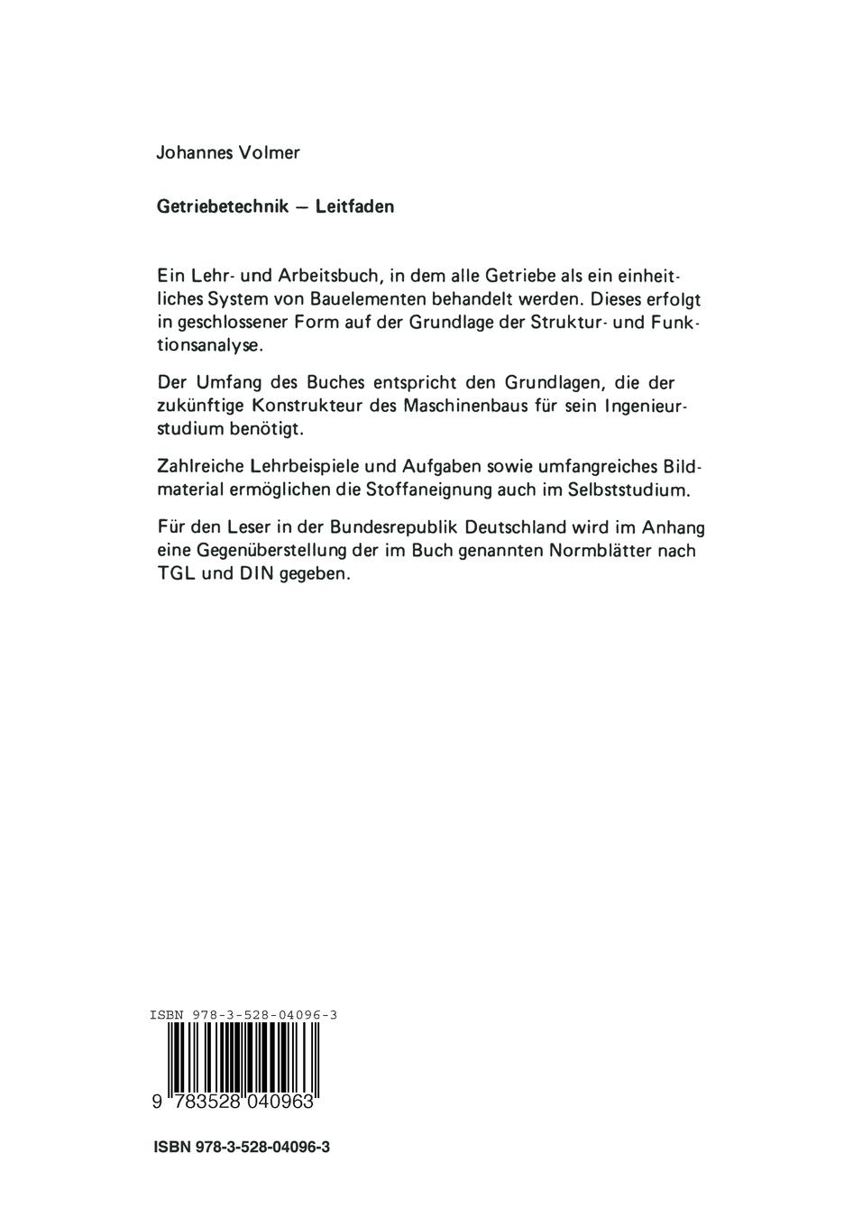 Rückseite: 9783528040963 | Getriebetechnik | Leitfaden | Johannes Volmer | Taschenbuch | 383 S.