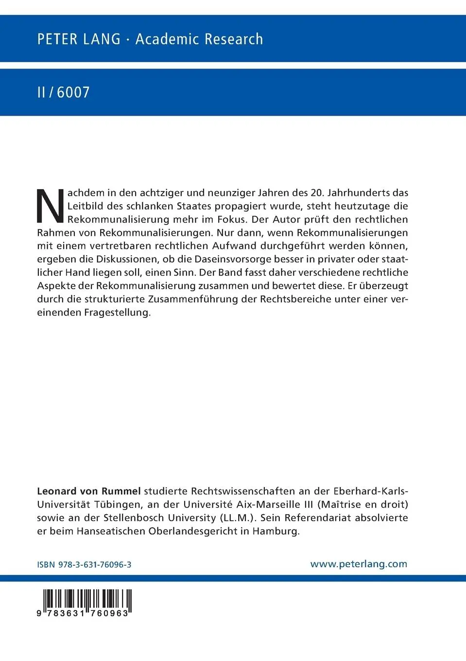 Rückseite: 9783631760963 | Rechtliche Aspekte der Rekommunalisierung | Leonard Rummel | Buch
