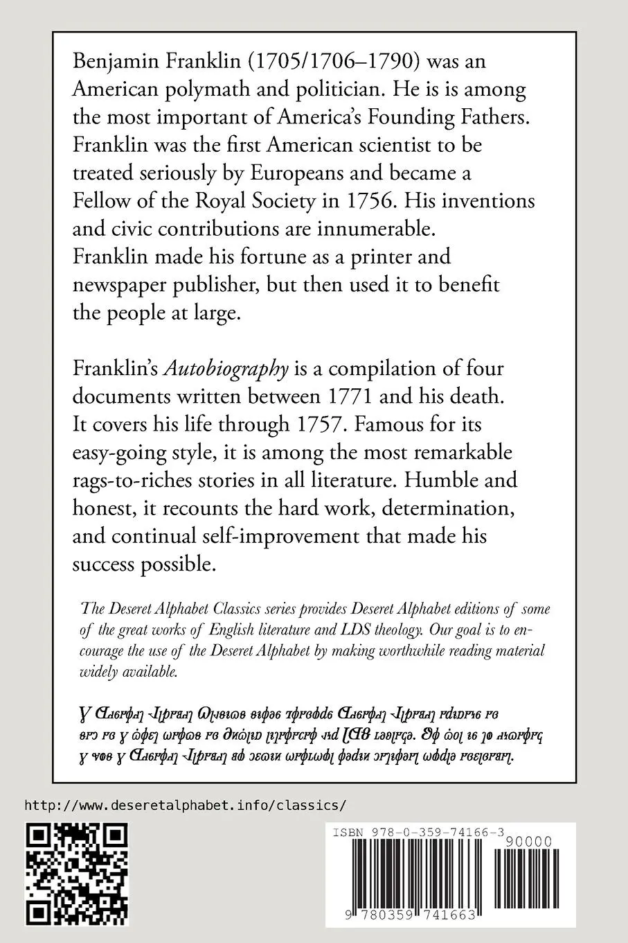 Rückseite: 9780359741663 | The Autobiography of Benjamin Franklin (Deseret Alphabet edition)