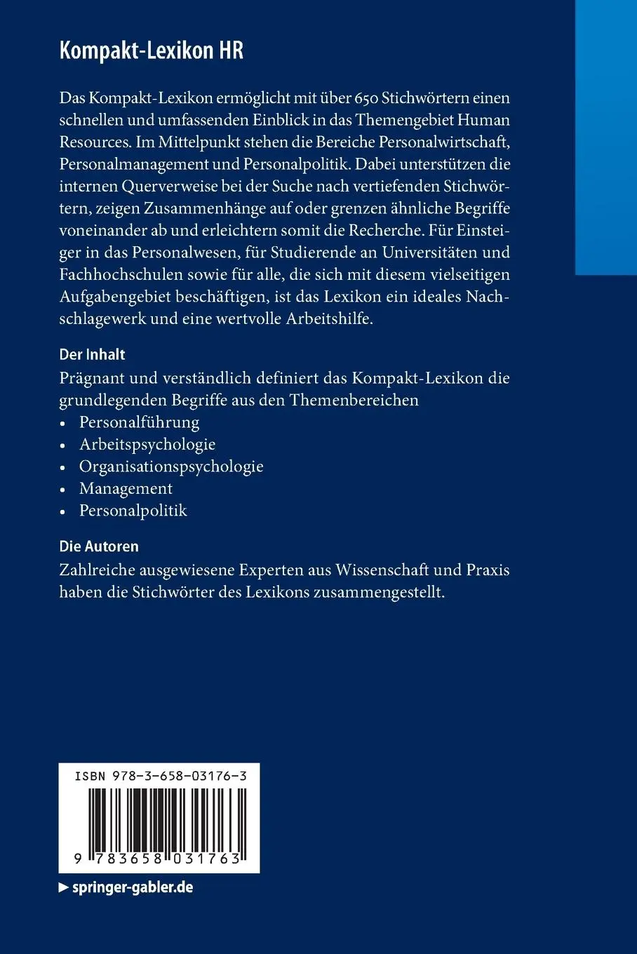Rückseite: 9783658031763 | Kompakt-Lexikon HR | 650 Begriffe nachschlagen, verstehen, anwenden