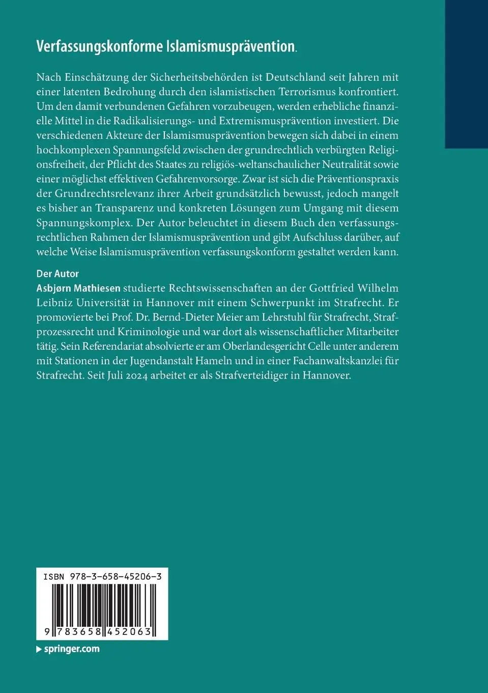 Rückseite: 9783658452063 | Verfassungskonforme Islamismusprävention | Asbjørn Mathiesen | Buch