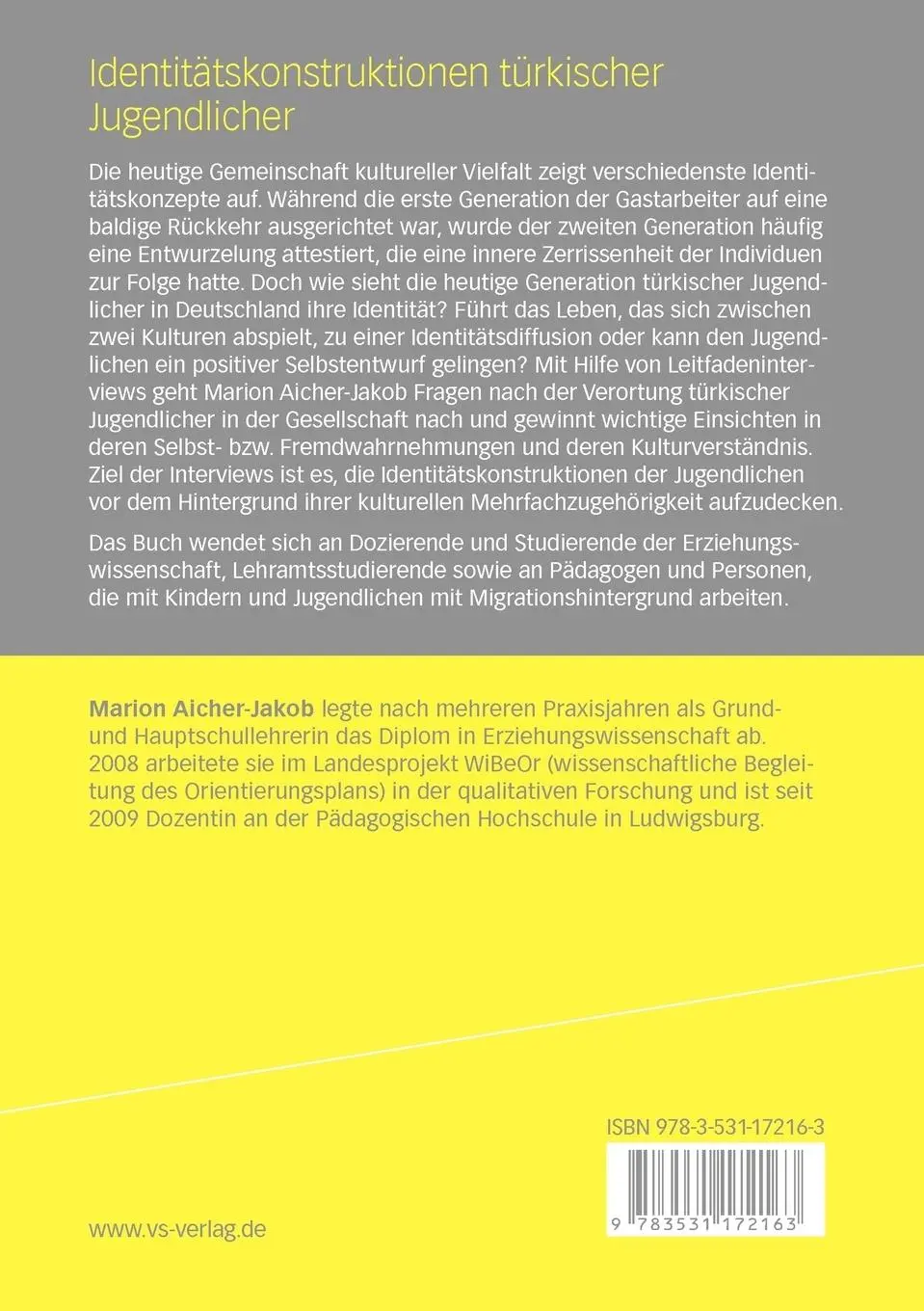 Rückseite: 9783531172163 | Identitätskonstruktionen türkischer Jugendlicher | Marion Aicher-Jakob