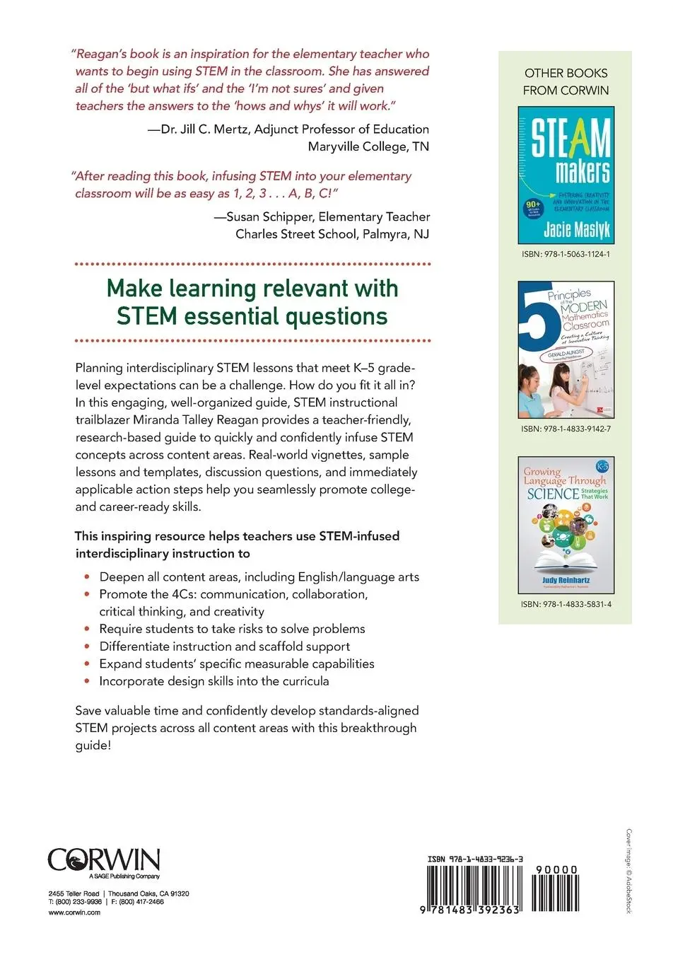 Rückseite: 9781483392363 | STEM-Infusing the Elementary Classroom | Miranda Talley Reagan | Buch