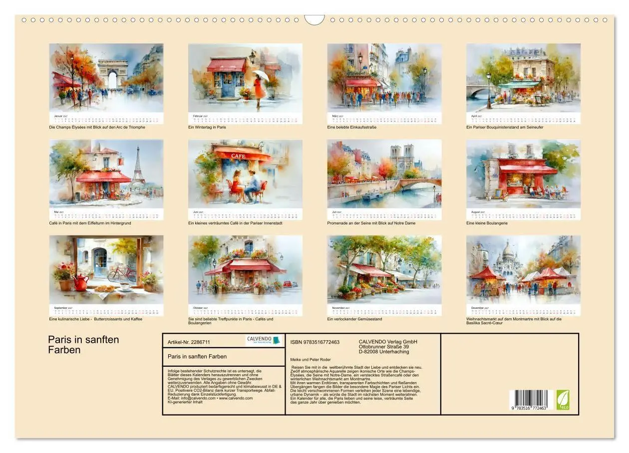 Bild: 9783516772463 | Paris in sanften Farben (Wandkalender 2027 DIN A2 quer), CALVENDO...