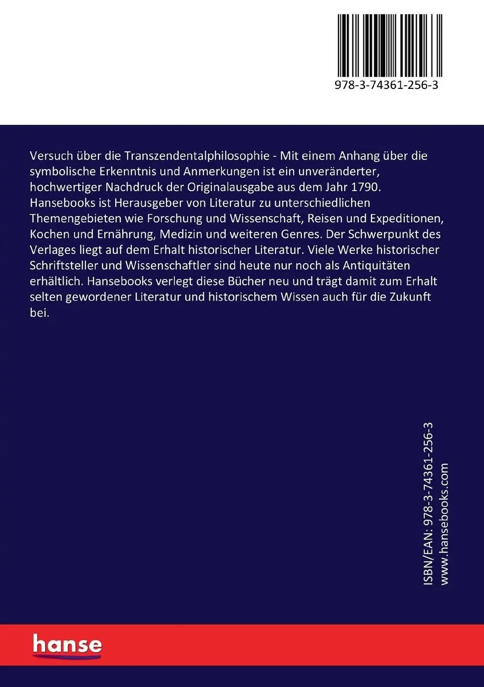 Rückseite: 9783743612563 | Versuch über die Transzendentalphilosophie | Salomon Maimon | Buch