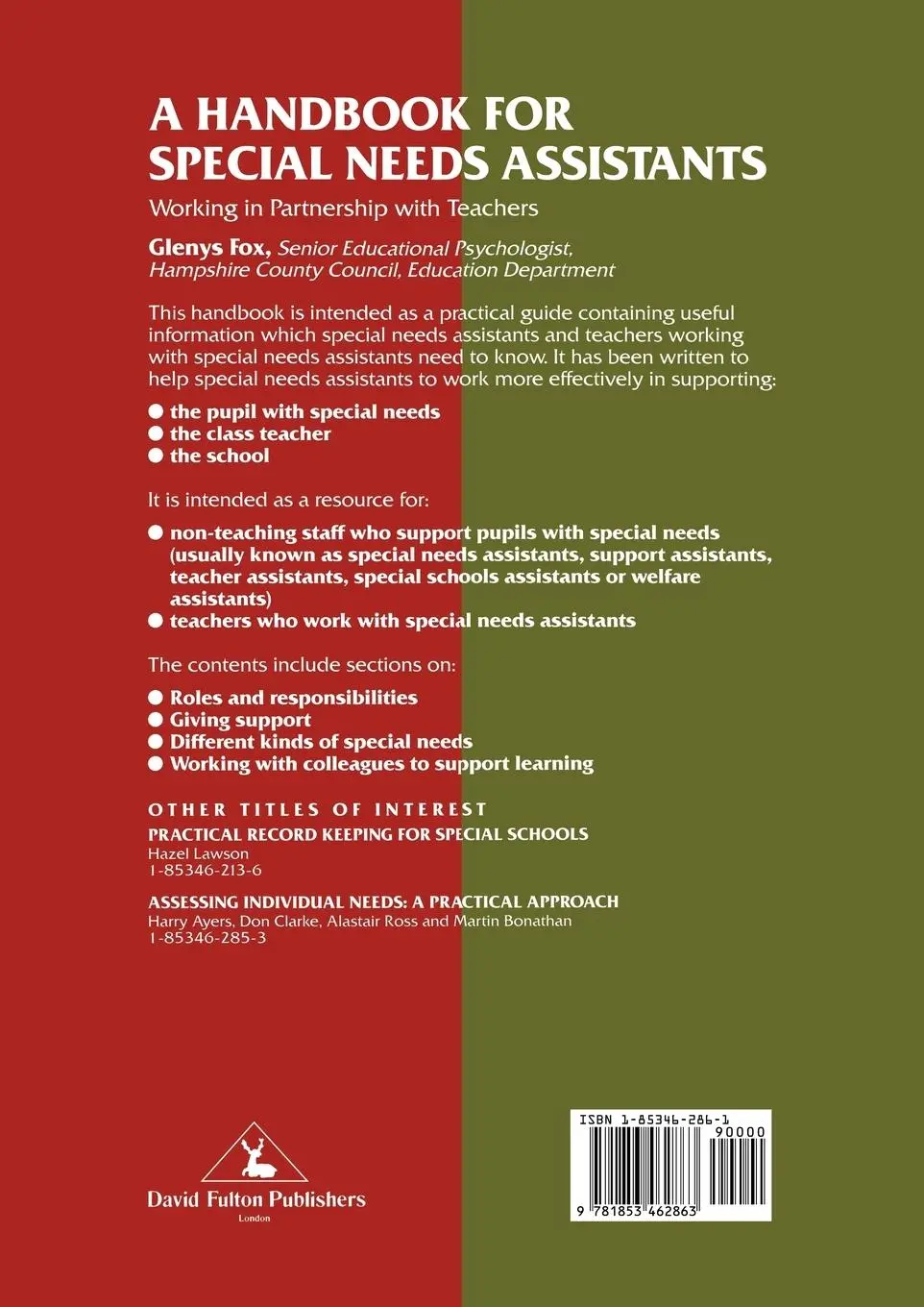 Rückseite: 9781853462863 | A Handbook for Special Needs Assistants | Glenys Fox | Taschenbuch