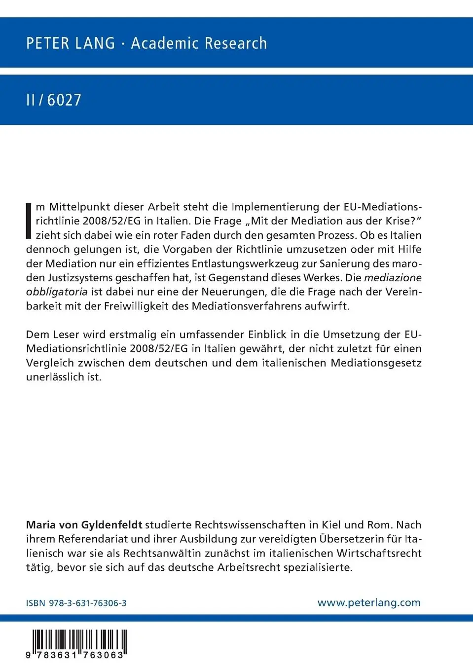 Rückseite: 9783631763063 | Die Umsetzung der EU-Mediationsrichtlinie 2008/52/EG in Italien | Buch