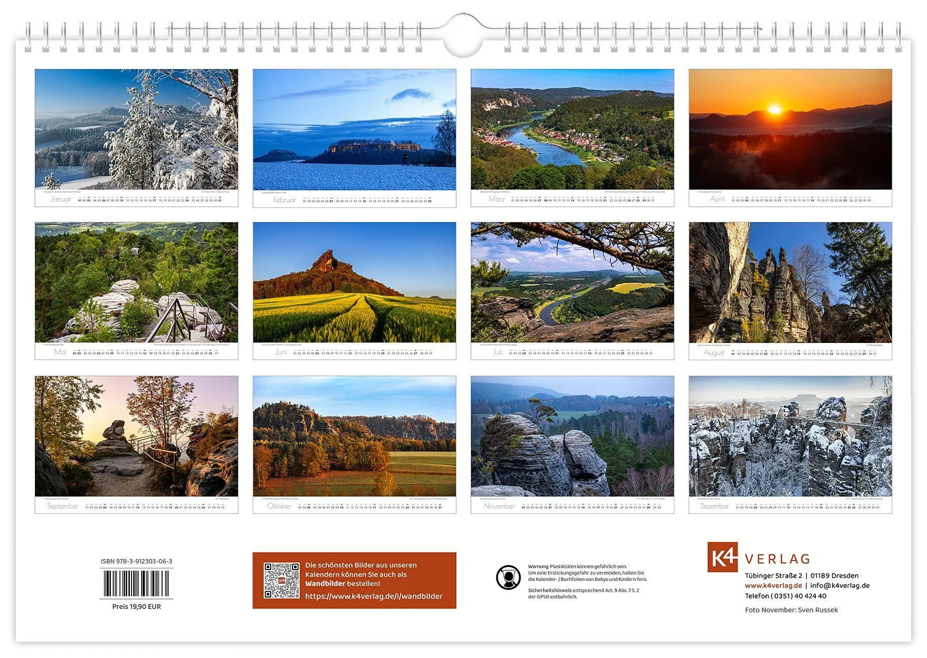 Bild: 9783912303063 | Kalender Sächsische Schweiz 2027 | 45 x 30 cm weißes Kalendarium