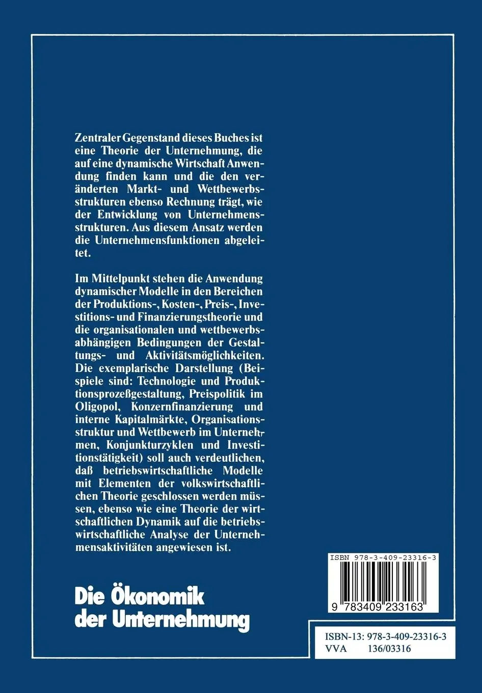 Rückseite: 9783409233163 | Die Ökonomik der Unternehmung | Wolfram Braun | Taschenbuch | 232 S.
