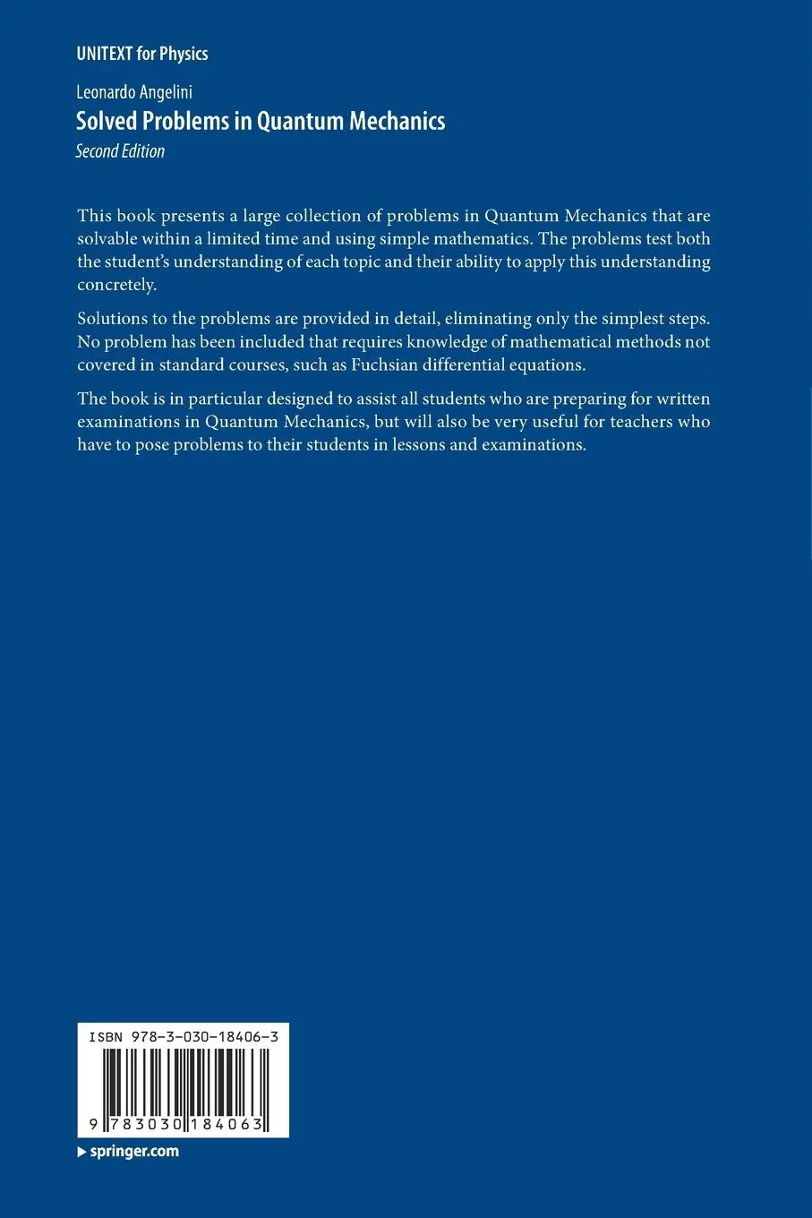 Rückseite: 9783030184063 | Solved Problems in Quantum Mechanics | Leonardo Angelini | Taschenbuch